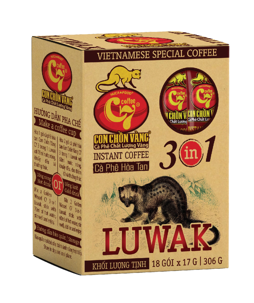 cà phê hòa tan 3in1 luwak con chồn vàng C7 - Huca Food, cafe 3 in 1, cafe 3 trong 1, 3 in1 coffee, cafe 3in1, instant cofee