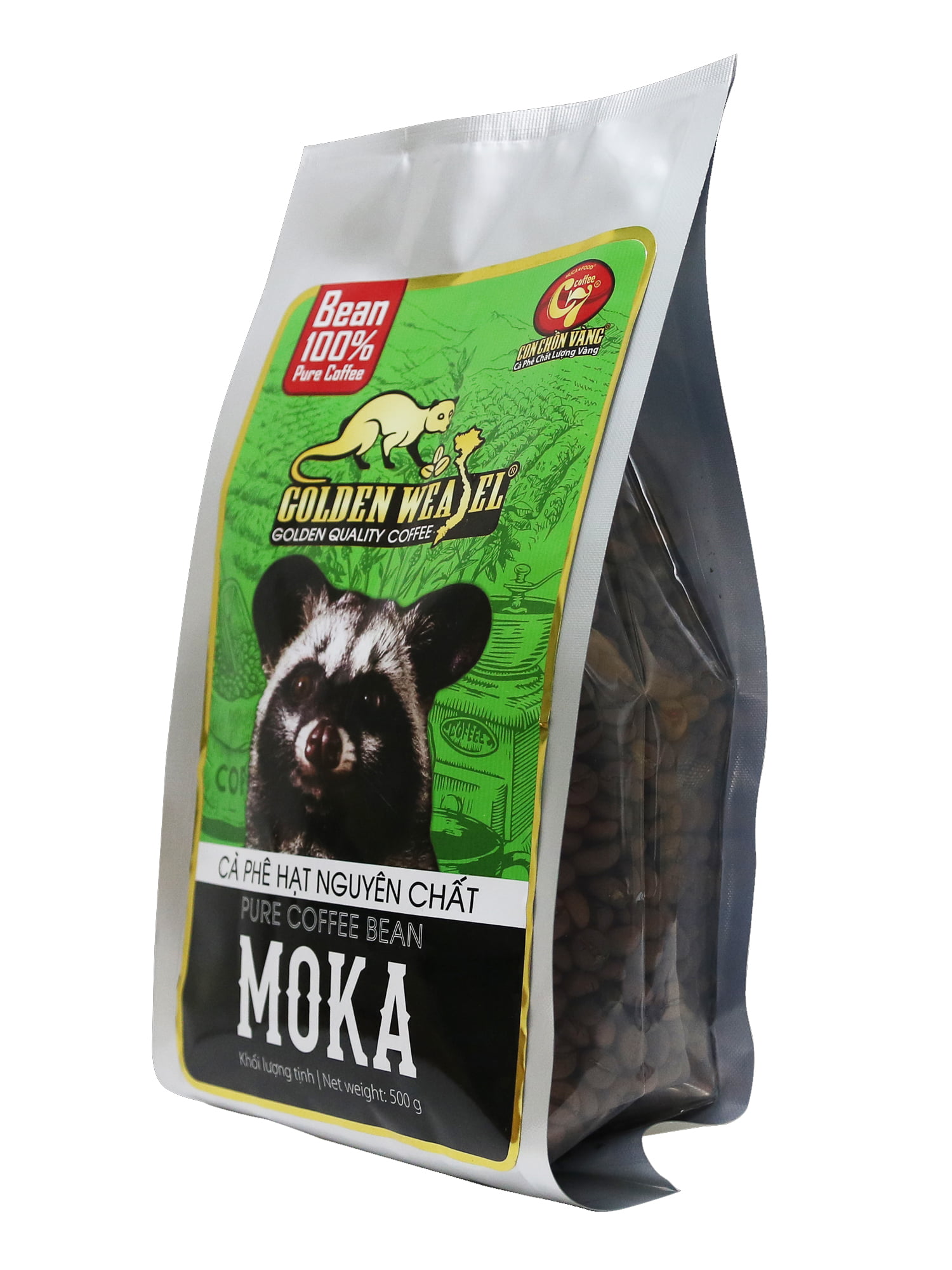 Cà phê hạt Moka rang mộc Con Chồn Vàng Huca Food - Túi 500gr.