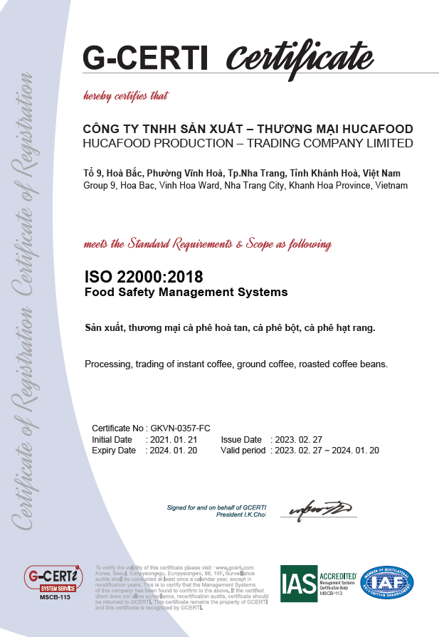 ISO 22000:2018 HUCA FOOD Co., Ltd. - HACCP